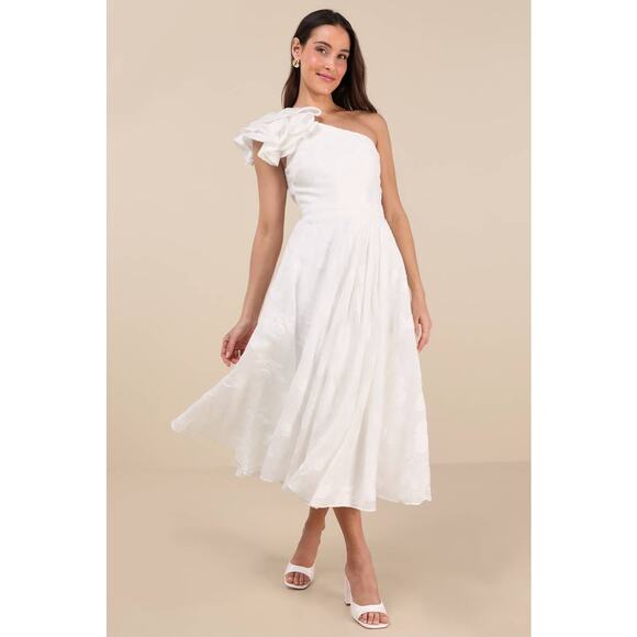 Lulu's Dresses & Skirts - NWT Lulus Sweet Definition White Burnout Ruffled One-Shoulder Midi Dress Size XL